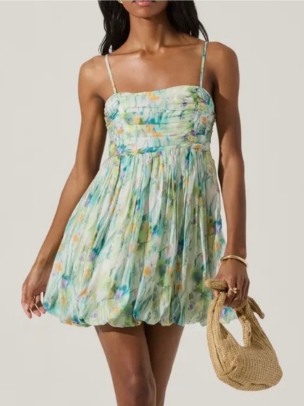 Astr Printed Green Floral Mini Dress with Spaghetti Straps